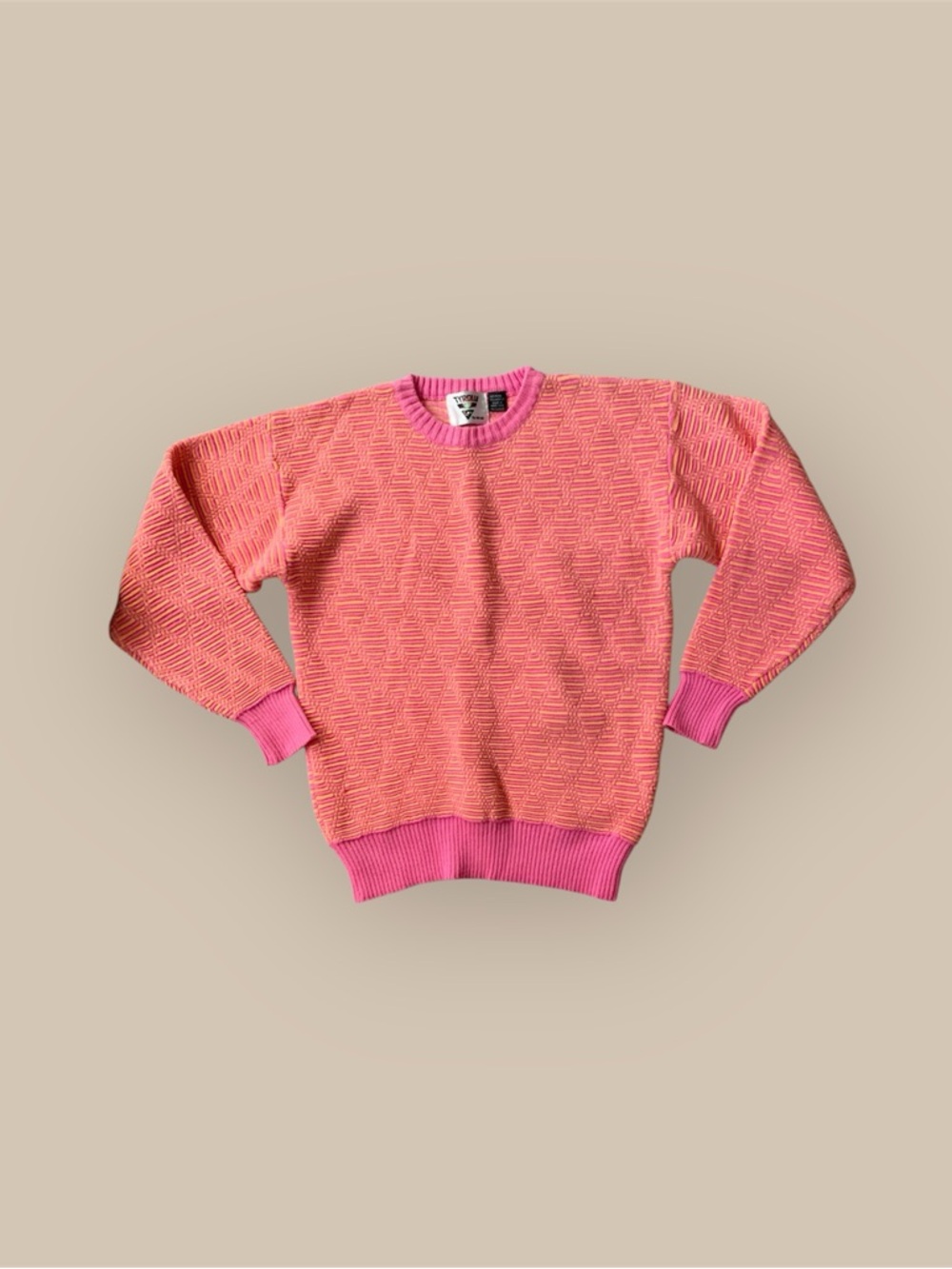 Vintage Tyrolia 80s Textured Pink Crewneck Sweater with Contrast Rib Trim